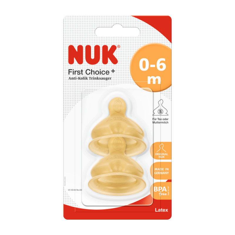 NUK First Choice + Latex Teat Size 1 (0-6 m) Small Hole 2 Pack
