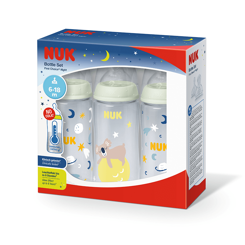NUK First Choice + Temperature Control Glow in the Dark Bottles 6-18 Months - 3 x 300ml