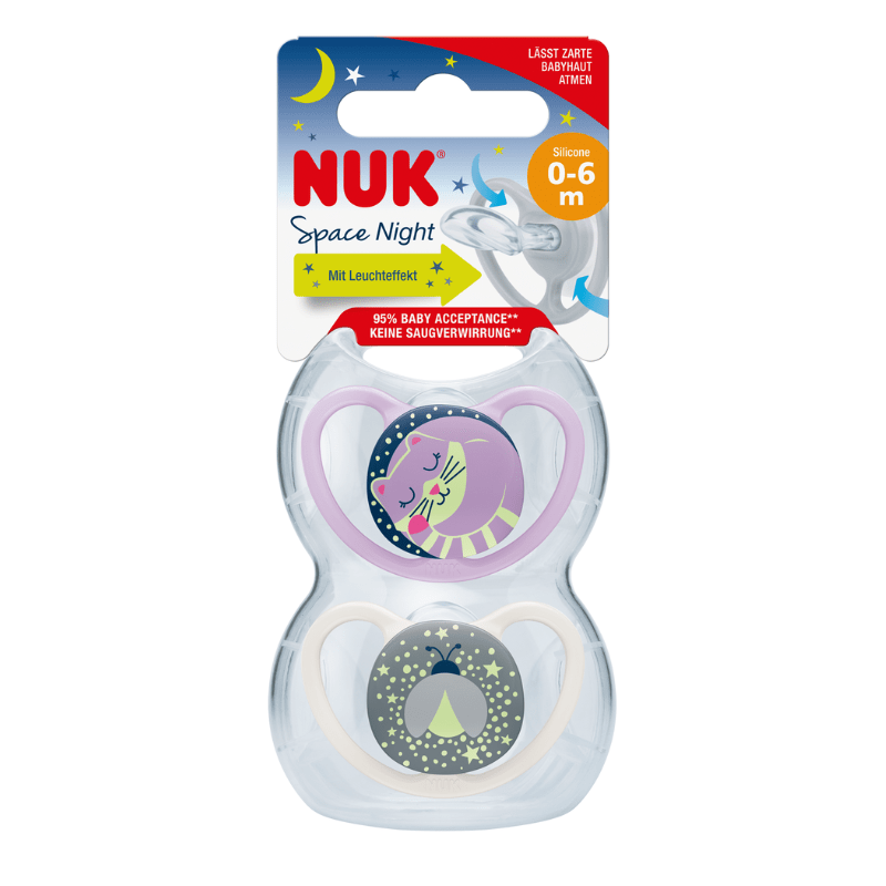 NUK Space Night Soother Pink Size 1 (0 - 6m) 2 Pack