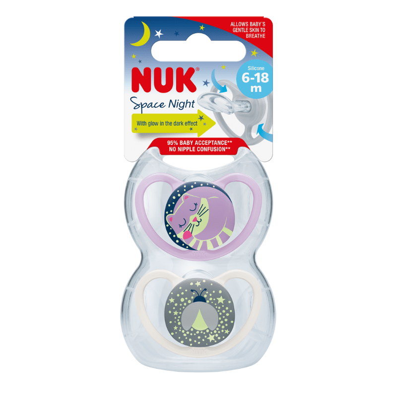 NUK Space Night Soother Pink Size 2 (6-18m) 2 Pack